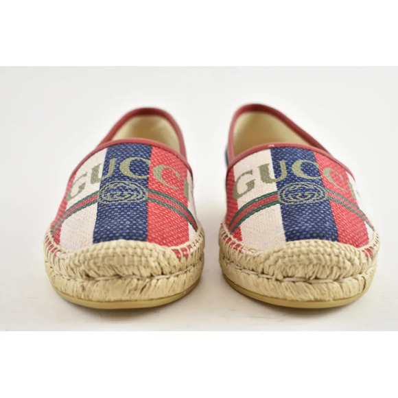 Gucci Sylvie Canvas Leather Red White Blue Logo Stripe Flat Espadrille 34.5 - Picture 5 of 11
